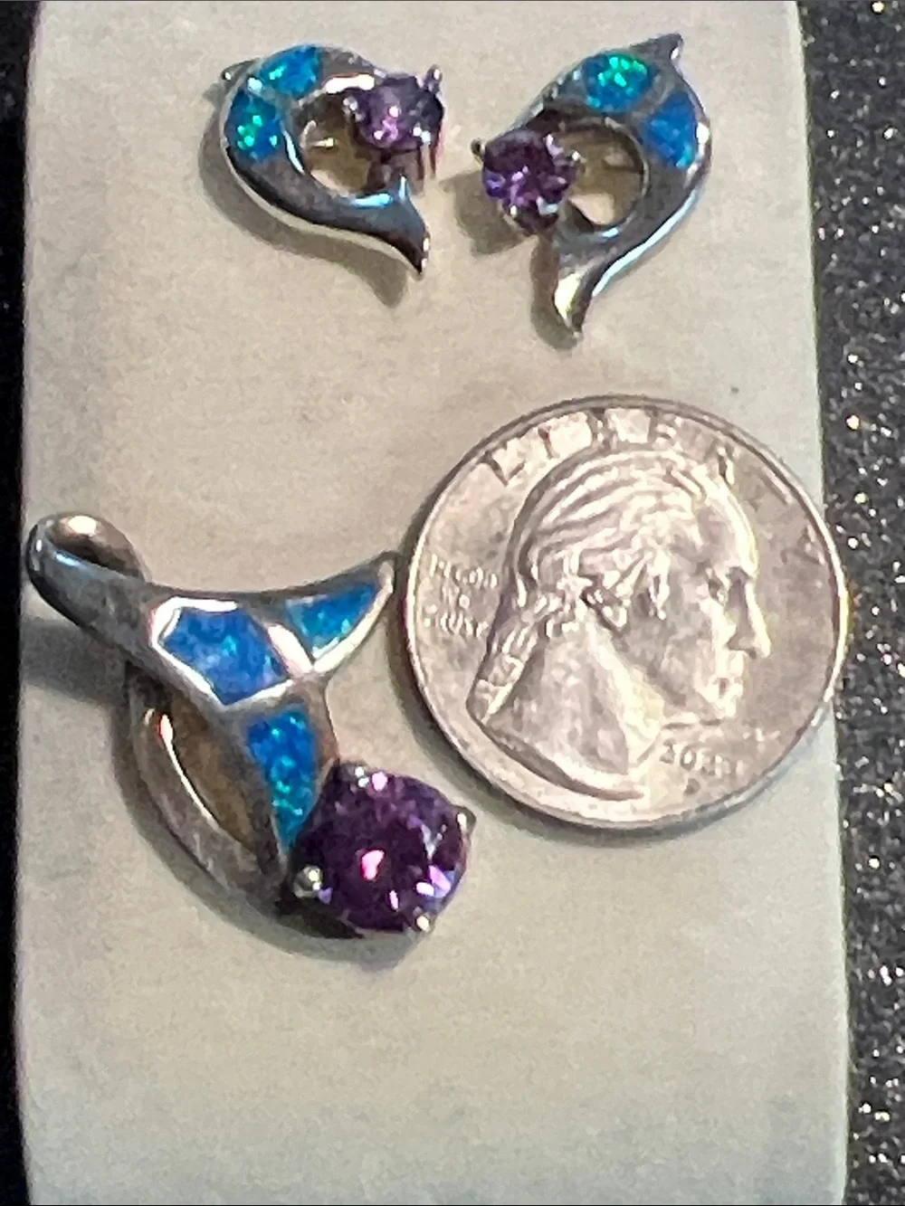 Sterling Silver Blue Opal and Purple Crystal dolphin Pendant & Earring Set